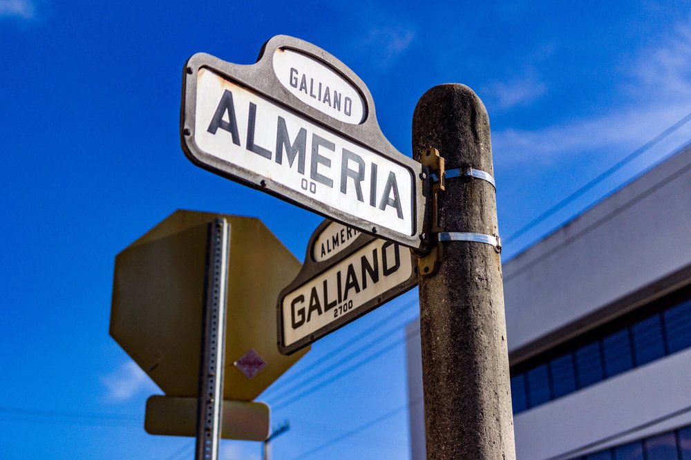 Street signs at the corner of Almeria and Galiano in Coral Gables, by the Union Title Services office