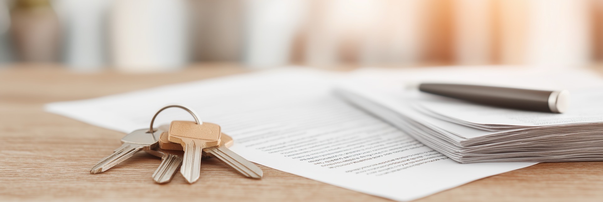 House keys, a contract, and a pen on a desk at a real estate closing
